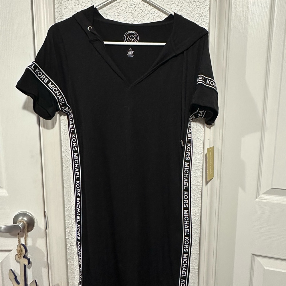 Michael Kors Logo Hooded Black Cover-Up Dress t-shirt material